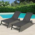 Outdoor 2-Pcs Set Chaise Lounge Chairs Five-Position Adjustable Aluminum Recliner All Weather for Patio Beach Yard Pool (Grey Frame/ Black fabric)