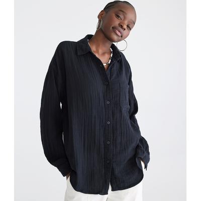 Aeropostale Womens' Long Sleeve Gauze Oversized Shirt - Black - Size S - Cotton