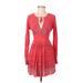 Free People Casual Dress - A-Line Plunge Long sleeves: Red Dresses - Women's Size 0