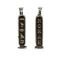 Personalized Cartouche Necklace Pendant 14K ,18K Gold and Silver 2-Sided Translate into ancient egyptian Hieroglyphs (( 6-7 Letters ) for each side, Oxidized Sterling Silver & 18K gold symbols)