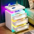 Wrought Studio™ Led Nightstand, Night Stand w/ Charging Station Wood in White | 26.7 H x 15.7 W x 19.6 D in | Wayfair