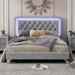 Full/Queen Size Velvet Bed Frame with LED Lights, Upholstered, Upholstered Platform Bed with Crystal Tufted Headboard