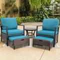 5 PCS Luxury Patio Conversation Set W/Ottoman Outdoor Wicker Rattan Furniture Set Comfortable Lounge Chair+Glass Top Side Table