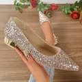 Escarpins à talons bas dorés pour femmes paillettes brillantes chaussures de soirée pointues