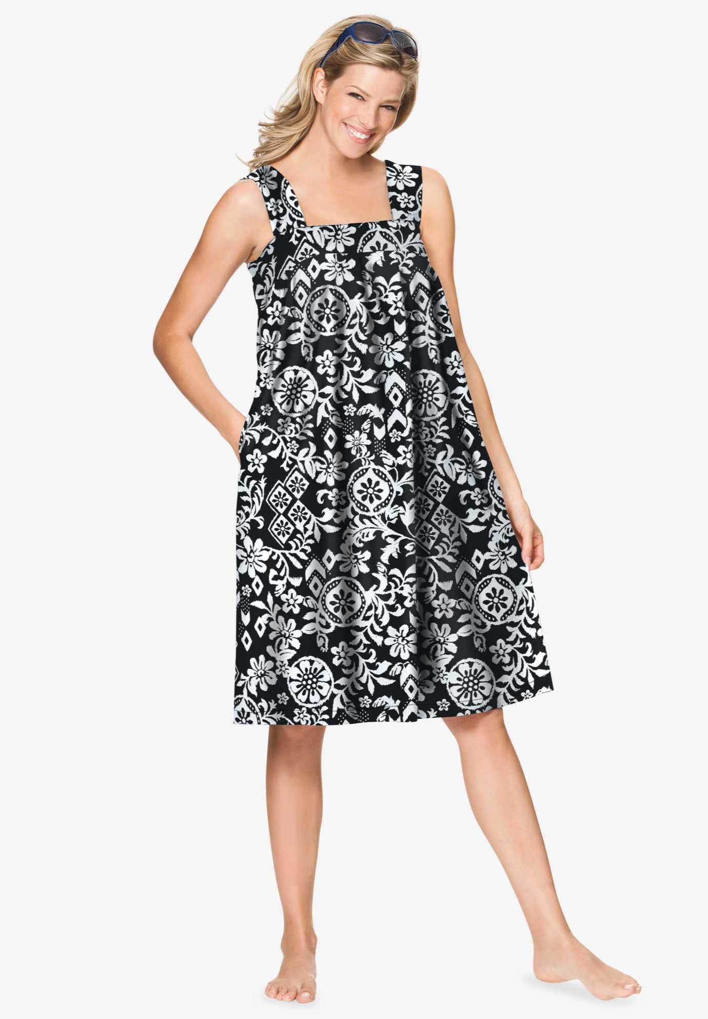 Plus Size Women's Print Sleeveless Square Neck Lounger by Dreams & Co. in Black Floral Scroll (Size 6X)