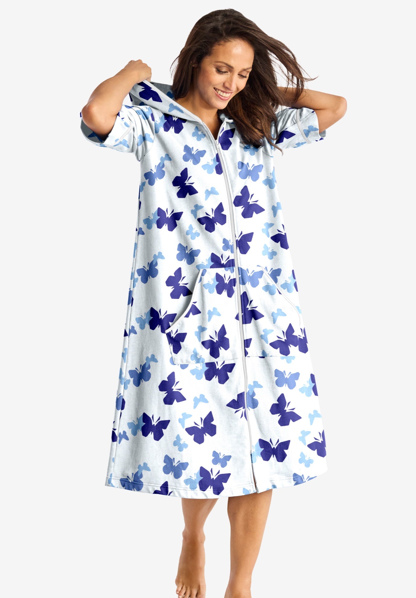 Plus Size Women's Short French Terry Robe by Dreams & Co. in White Butterfly (Size M)