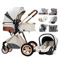 3 in 1 High View Baby Pram Stroller for Infant and Toddler, Baby Carriage Stroller Oversize Sleeping Basket Newborn Pushchair Stroller with Rain Cover, Mosquito Net (Color : Beige)