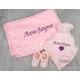 Personalised Baby gift set, Pink Blanket, pink bear comforter and pink knitted booties, Baby shower, Baby girl 3 pcs gift set