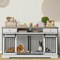 Sapphome Dog Crate Furniture Large Breed TV Stand with Drawer & 2 Sliding Doors Grey White Gery