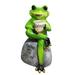 Mdesiwst Animal Design Statuary Green Sitting Frog Drinking Coffee Stone Garden Statue for Home Decor