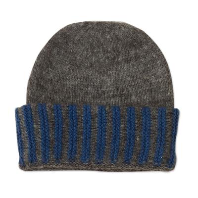 Snug Harbor,'Knit 100% Alpaca Grey and Blue Hat'