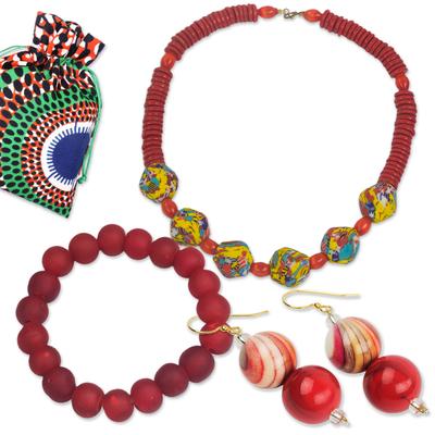 'Eco-Friendly Gift Set with Red Necklace Earrings & Bracelet'