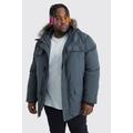 Mens Grey Plus Faux Fur Hooded Arctic Parka Jacket in Charcoal, Grey