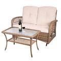 Red Barrel Studio® Outdoor Wicker Patio Glider Set w/ Glass-Top Coffee Table, Loveseat For 2 Person Porch Furniture Glider | Wayfair