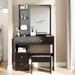 Left Drawer Desktop Vanity Table Cushioned Stool, Right sliding Mirror