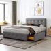 Queen Platform Bed Frame Linen Tufted Fabric Storage Bed with Wheels