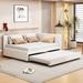Full Size Upholstered Daybed with Twin Size Trundle, Linen Trundle Bed Sofa Bed Frame with Slats Support, No Box Spring Required
