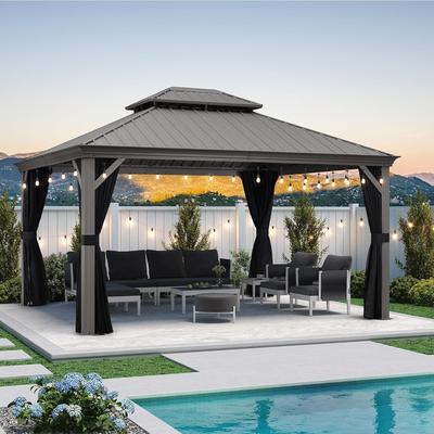 PURPLE LEAF Patio Gazebo for Backyard Hardtop Galvanized Steel Frame with Upgrade Curtain and Light - Light Grey