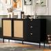 Corridors Storage Cabinet Sideboard Buffet Cupboard Rattan Sliding Doors Dresser Bar Cabinet with 3 Drawers and Metal Handles