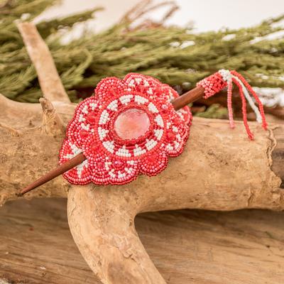 'Handcrafted Red-Toned Wood and Glass Beaded Hairpin'