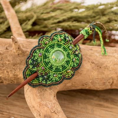 'Handcrafted Green-Toned Wood and Glass Beaded Hai...