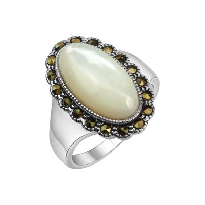 Fingerring ZEEME "Silber 925 oxydiert mit weißem Perlmutt und 18 Markasit-Steinen" Gr. 58, schwarz (schwarz, schwarz), Fingerringe, Damen, 058 (18,5), Silber 925 (Sterlingsilber) Image