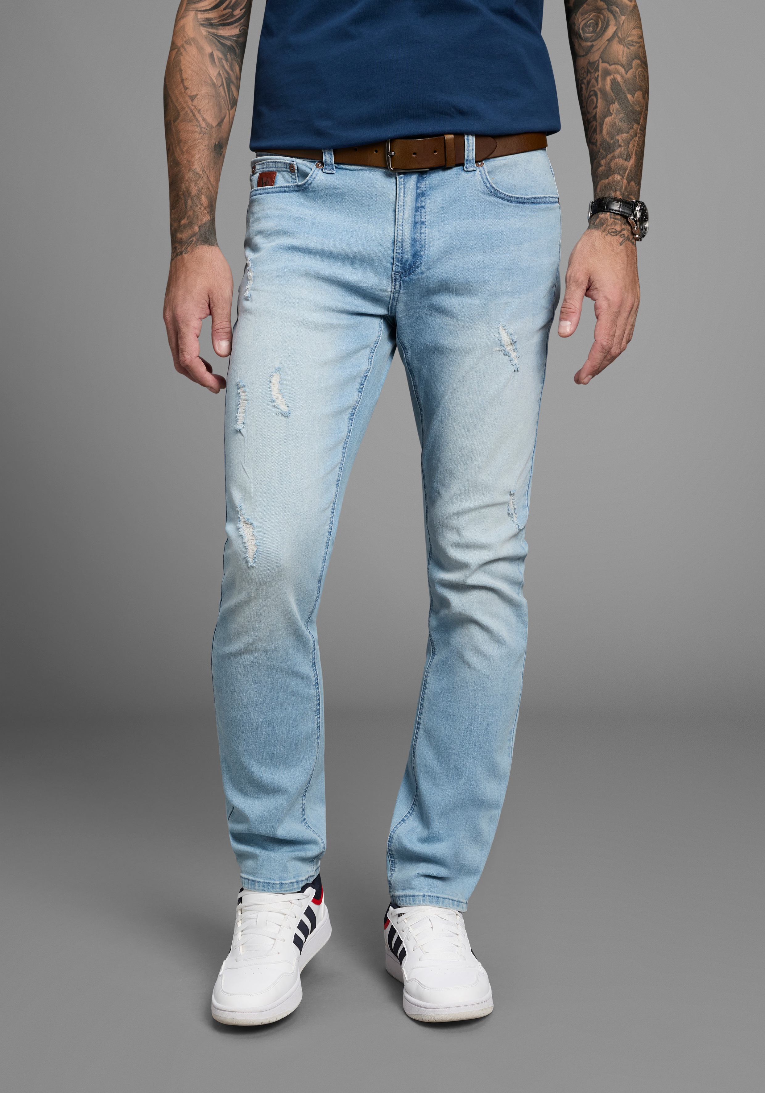 Straight-Jeans BRUNO BANANI "Hutch", Herren, Gr. 38, Länge 34, blau (l.blau dunkel), Denim/Jeans, Obermaterial: 98% Baumwolle, 2% Elasthan, Destroyed-Effekte, normal lang, Jeans Straight-Jeans, gerade geschnittenes Bein, niedrige Leibhöhe, reguläre...