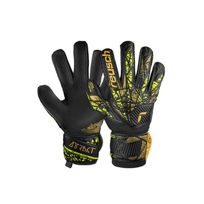 Torwarthandschuhe REUSCH "Attrakt Infinity Finger Support" Gr. 10, goldfarben (schwarz, goldfarben) Damen Handschuhe Sporthandschuhe