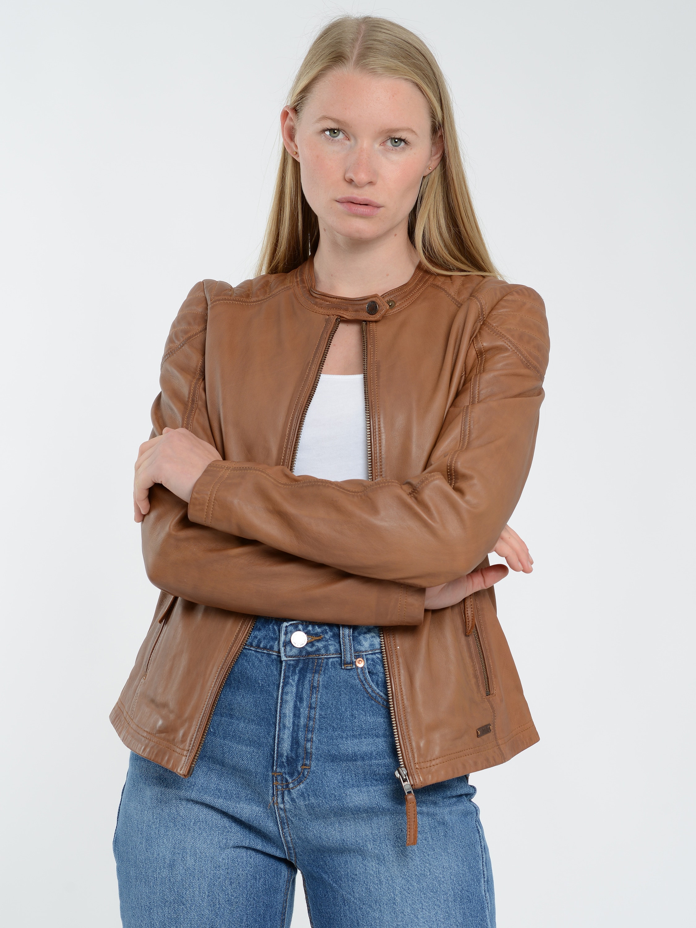 Lederjacke MUSTANG "31019200", Damen, Gr. XS, braun (cognac), Obermaterial: 100% Lammleder. Futter: 100% Baumwolle. Ärmelfutter: 100% Polyester, Jacken Image