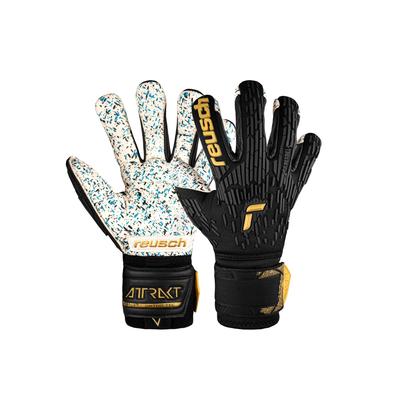 Torwarthandschuhe REUSCH "Attrakt Freegel Fusion Ortho-Tec", Damen, Gr. 8,5, gold (schwarz, goldfarben), 59% Elastodien, 27% Polyamid, 9% Polyester, 5% Polypropylen, mehrfarbig, sportlich, Handschuhe, mit Evolution Negative Cut