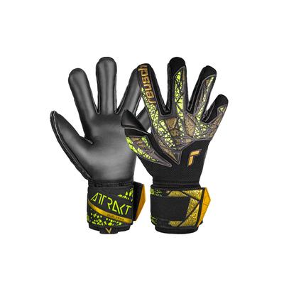 Torwarthandschuhe REUSCH "Attrakt Duo Finger Support", Damen, Gr. 10, gold (schwarz, goldfarben), 50% Elastodien, 25% Polyester, 20% Polypropylen, 5% Polyamid, mehrfarbig, sportlich, Handschuhe, mit Evolution Negative Cut Image