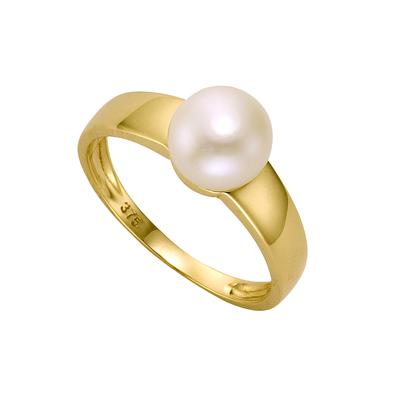 Fingerring "Gold 375 Perle weiß 7,5-8mm" Gr. 52, gelb (gelb, weiß), FASCINATION BY ELLEN K., Fingerringe, Damen, 052 (16