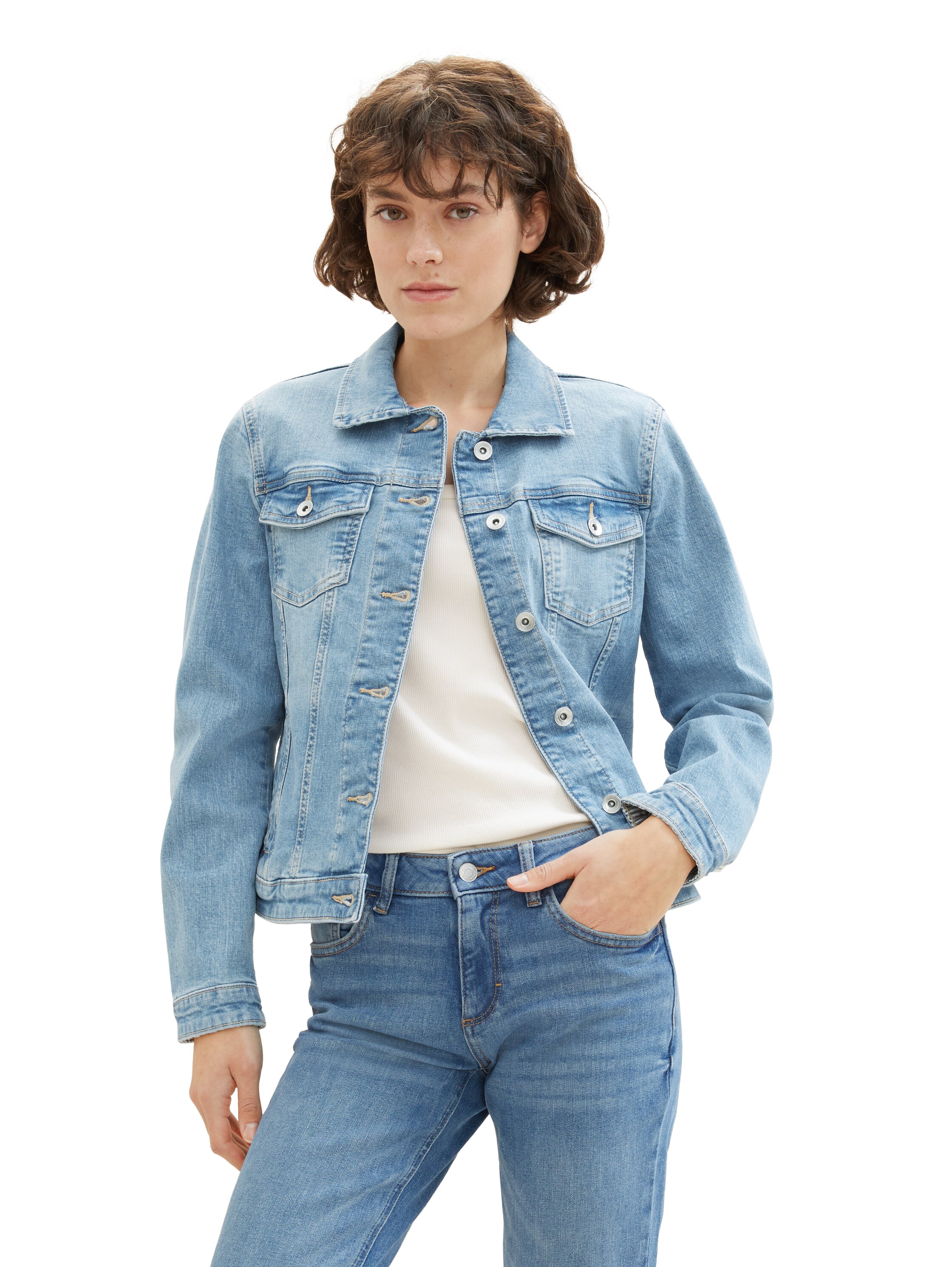 Jeansjacke TOM TAILOR, Damen, Gr. M (38), blau (light stone blau denim), Denim/Jeans, Obermaterial: 99% Baumwolle, 1% Elasthan. Futter: 100% Baumwolle, unifarben, normal kurz, Rundhals, 1-Knopf-Manschette, Jacken Jeansjacke, mit Knopfleiste und...