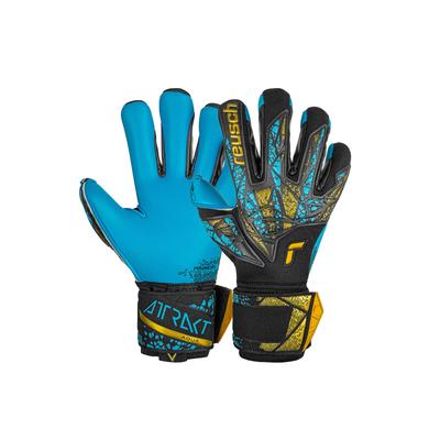 Torwarthandschuhe REUSCH "Attrakt Aqua Finger Support", Damen, Gr. 7,5, gold (schwarz, goldfarben), 55% Elastodien, 15% Polyester, 15% Polypropylen, 15% Polyamid, mehrfarbig, sportlich, Handschuhe, mit Evolution Negative Cut