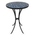 14-Inch Concrete Outdoor Side Table Round Patio End Table Coffee Table with Mosaic Pattern and Iron Frame Dark Blue