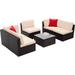 6 Piece Patio Furniture Outdoor Wicker Sectional Sofa With Thick Cushions & Tempered Glass Table Rattan Conversation Set For Deck Porch Terrace (Beige)