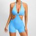 Wyongtao Women s Yoga Jumpsuits Sexy Criss Cross Halter Neck Sleeveless Shorts Bodysuits Tops Clubwear Blue M