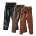 KYAIGUO 1-7Y Girls Faux Leather Pants Stretch Leggings Pencil Pants with Belt Solid High Waist Elastic Leather Trousers for Baby Toddler Kids