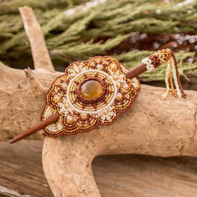 Coffee Crop,'Handcrafted Brown & Golden Beaded Hairpin with Wooden Stick'