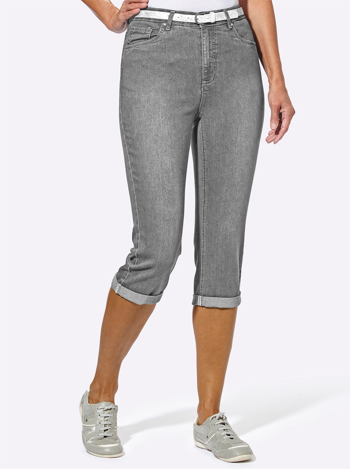 Caprijeans CASUAL LOOKS, Damen, Gr. 44, Normalgrößen, grau (grau denim), 81% Baumwolle, 17% Polyester, 2% Elasthan, unifarben, knielang, Jeans Image