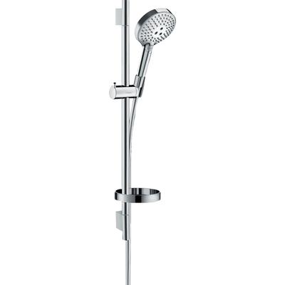 Brausegarnitur HANSGROHE "12cm, 3 Strahlarten PowderRain mit Duschstange 65cm und Seifenschale", silber (chrom), Messing