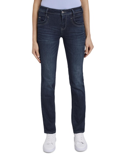 Gerade Jeans TOM TAILOR "Alexa Straight", Damen, Gr. 33, Länge 34, blau (schwarz stone washed), Denim/Jeans, Obermaterial: 69% Baumwolle, 20% Polyester, 9% Viskose, 2% Elasthan, bequem lang, Jeans, mit Kontrastnähten