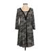 Entro Casual Dress - A-Line Plunge 3/4 sleeves: Gray Print Dresses - Women's Size Small