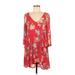 Casual Dress - A-Line V Neck 3/4 sleeves: Red Floral Dresses - Women's Size 4