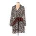 Marie Oliver Casual Dress - A-Line V Neck Long Sleeve: Brown Leopard Print Dresses - Women's Size Small