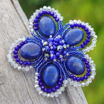 Spring in Dreams,'Handmade Floral Dark Blue Howlite and Glass Bead Brooch Pin'