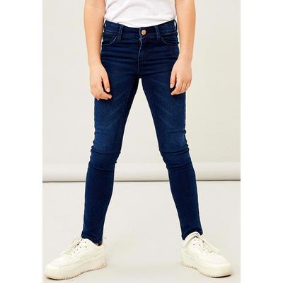 Stretch-Jeans NAME IT "NKFPOLLY DNMTAX PANT", Mädchen, Gr. 152, N-Gr, blau (dunkelblau denim), Denim/Jeans, Obermaterial: 72% Baumwolle, 26% Polyester, 2% Elasthan, Abriebeffekte, casual, skinny fit normal, Jeans, aus bequemem Stretchdenim Image