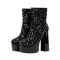 Women's Fashion Short Boots Platform Sequins Chunky High Heel Short Boots Heel Mid Calf Boots Tall Boots for Women Wide Calf Knee High (Black, 6)