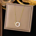 SION L-Pendentif double anneau en acier inoxydable perle simple rétro clavicule bijoux de mode