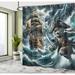 East Urban Home Cat Shower Curtain Stormy Ocean Pirate Kitty Ship in Dark Slate Blue & Amber Polyester | 84 H x 69 W in | Wayfair